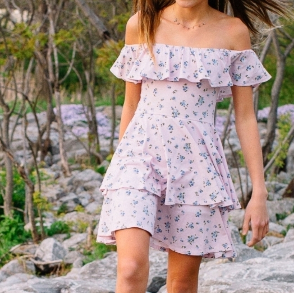 COPY - Theme by Ariella Girls Periwinkle Ditzy Floral Off-the-Shoulder Dress Si…